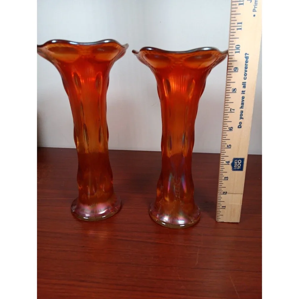 Pair Vtg Imperial Glass Beaded Bullseye Marigold Carnival Glass Vases EUC